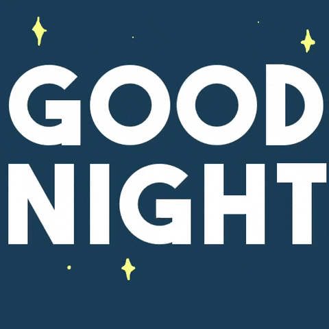 Text gif. The words "good night" appear against a blue background with yellow twinkling stars. The two letter Os in the word "Good" flutter then fold over like tired eyes blinking closed to fall asleep. 