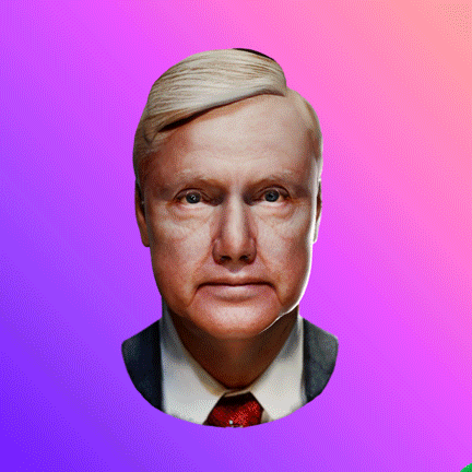 Digital art gif. 3D rendering of Senator Lindsey Graham rubbery soft like Jell-O, on a pink purple gradient, green button-pins and disembodied arms middle finger extended fly through, hitting him in the face and bouncing off into the void. Text, "Abortion justice."