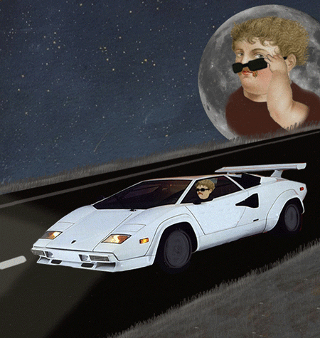 Illustrated gif. A young man in sunglasses speeds down the road in a white Lamborghini. From a large moon in the sky, another image of his face winks at us with sunglasses slipped down on his nose.