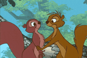 Cartoon gif. Brown squirrel holds a pink squirrel who pecks at him aggressively with her nose. The brown squirrel looks surprised or maybe a bit in pain as he reacts to the kiss. 