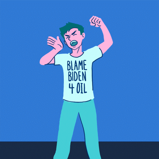Illustrated gif. Young man grimaces and pumps his fist while wearing a shirt that reads, "Blame Biden 4 oil." We zoom out to see a nefarious puppeteer in a monocle and top hat pulling strings attached to the young man as he leans over in front of a hot pink background. Text, "Don't be a puppet to big oil."