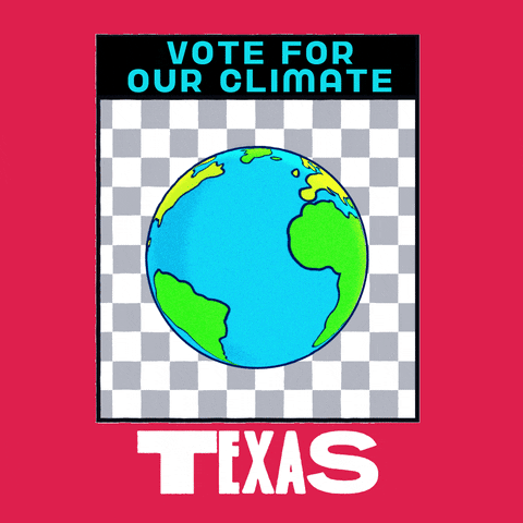 Digital art gif. Earth spins in front of a grey and white checkered background framed in an dark pink box. Text, “Vote for the climate. Texas.”