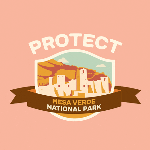 Digital art gif. Inside a shield insignia is a cartoon image of a series of adobe style settlements dug out of the side of a large rock. Text above the shield reads, "protect." Text inside a ribbon overlaid over the shield reads, "Mesa Verde National Park," all against a pale pink backdrop.