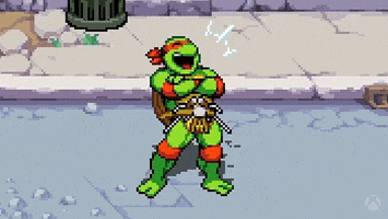Video game gif. Raphael in Teenage Mutant Ninja Turtles: Shredders Revenge stands in the middle of a road, crossing his arms and laughing proudly.