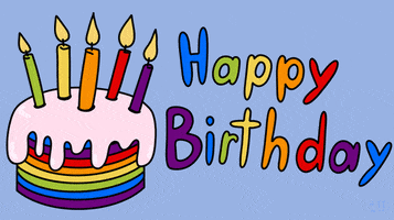 Text gif. We see a rainbow cake with rainbow candles and rainbow letters next to it. Text, "Happy birthday."