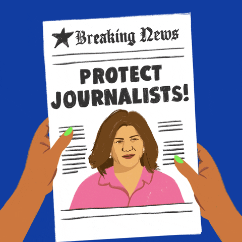 Digital art gif. Cartoon hands hold a cartoon newspaper, the front page of which says "Breaking news: Protect journalists," above an illustration of Shireen Abu Qleh.