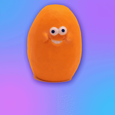 Stop motion gif. Against a blended blue and purple background, an orange Play-doh oval with bulging eyes and a smiling mouth coughs out hot pink bacteria that form words reading, "Cover your cough." An arm unsettlingly emerges out of the orange figure to exemplify how to cough into your arm before retreating into the oval.