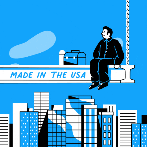 Illustrated gif. Man sits next to a domed lunch box on a construction beam as it sways above a city skyline and pale blue bubbles float through a blue sky in the background. Text on beam, "Made in the USA."