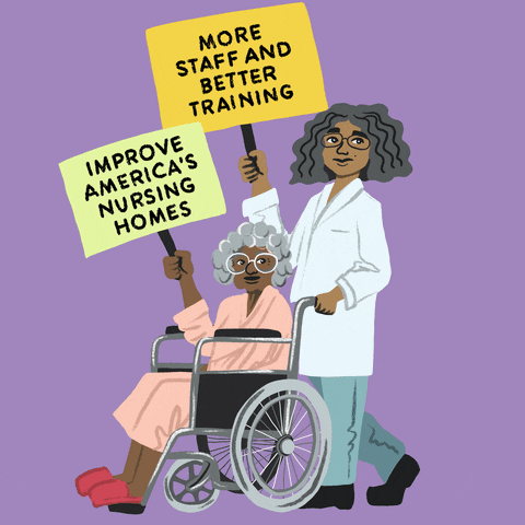 Illustrated gif. Medical professional wears a lab coat as she pushes a senior woman using a wheelchair in front of a lavender background. They hold up signs that read, "More staff and better training. Improve America's nursing homes."