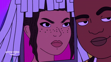 Cartoon gif. Closeup of Cerise and Truman from Fairfax. As we zoom in on Cerise, her eyes glow red, and she angrily furrows her brow.