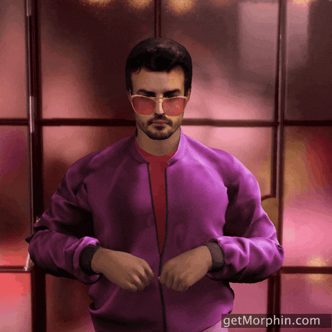 Digital art gif. A 3D rendering of Fernando Alonso, a Formula One driver, throws confetti in the air before doing a hip shimmy.