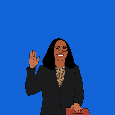 Political gif. Illustration of Ketanji Brown Jackson smiling as she raises a hand and rests the other on a bible. Text, in Spanish, "Confirmen a la jueza Ketanji Brown Jackson a la Corte Suprema."