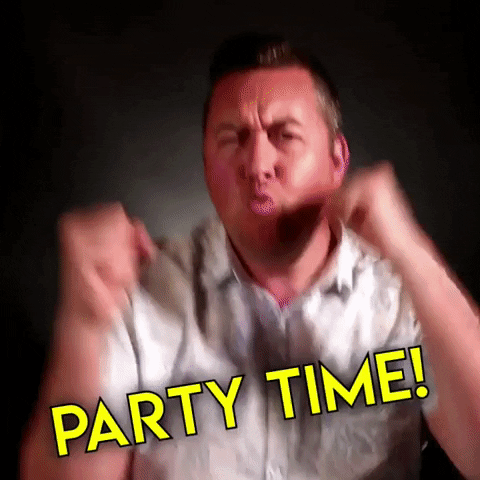 Gif s tancujícím a zpívajícím mužem, konfetami a nápisem "Party time!". 