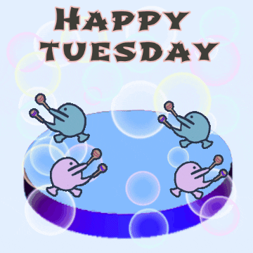 Illustrated gif. Four smiling figures hold maracas, dancing in tandem on a blue platform surrounded by bubbles. Text reads, "Happy Tuesday."