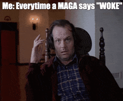 Meme gif. Jack Nicholson as Jack Torrence in The Shining sits dazed, mouth agape, gesturing meagerly, dumbfounded. "Me every time a MAGA says woke."