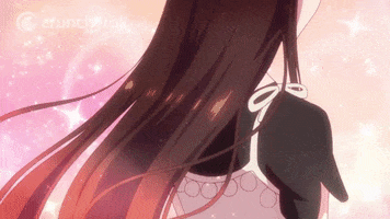 Cartoon gif. An anime girl's hair blows softly in the wind as we see her from the back. She then turns around and we see her outfit while she drinks through a straw from a cup. Subtitle text, "Her hair's silky smooth, and her outfit today looks amazing on her!"