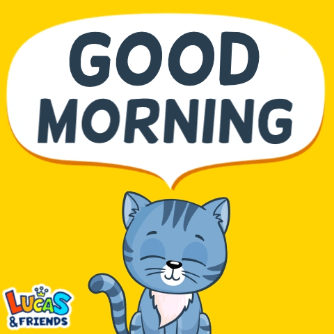 Video gif. Blue cat with big blue eyes raises its hands like it's yawning at us and saying, "Good morning!" Lucas & Friends logo at the bottom corner. 