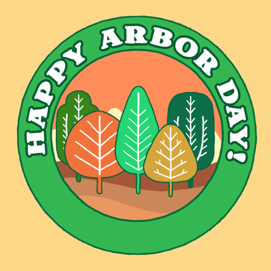 Digital art gif. Text that reads, "Happy Arbor Day" rotates around the outside of a green circle inside of which is a cartoon of several orange, green and yellow trees in a forest," everything against a yellow background.