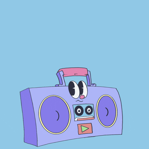 Digital art gif. Animation of a purple and blue boombox with a smiling face. The boombox closes its eyes and breathes in and out slowly. Text, "Pause. Breathe in, breathe out," everything against a baby blue background.