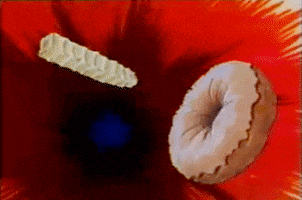 Video gif. A crinkle cut french fry is inserted into the hole of a doughnut. The background explodes like fireworks. A woman throws her head back, tossing her hair back, and smiling. 