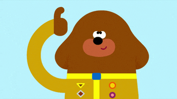 Cartoon gif. Duggee, from Hey Duggee, taps the side of his head ponderously while his eyes dart up and down.