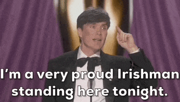 Oscars 2024 GIF. Cillian Murphy wins Best Actor. He emphatically gestures with a pointed finger and says, "I'm a very proud Irishman standing here tonight."