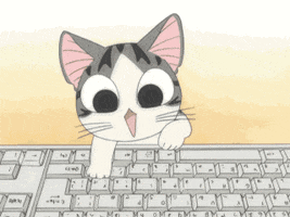 Anime gif. Chi from Chi's Sweet trang chủ types on a keyboard with excitement, an open smile and wide eyes.