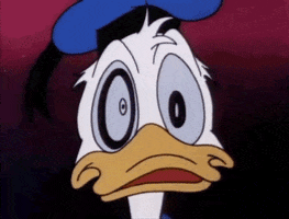 Cartoon gif. Donald Duck bobs his head, pupils swirling and expanding in a wild expression. Puffs of steam and small white birds shoot out of the side of his head.
