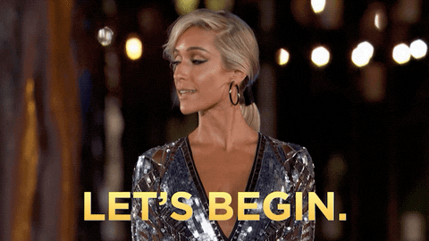 Gif of a woman in a sparkly dress saying "let's begin"