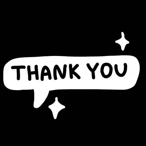 An animated gif illustration. There is a black background and a white speech bubble with the text "thank you" inside it that blinks on and off. Around the speech bubble are two white stars that wiggle back and forth.