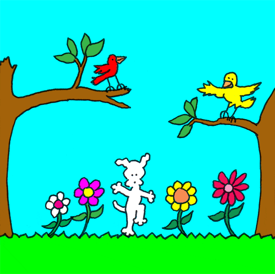 Kreslený gif s tancujícím bílým pejskem v přírodě, květinami a žlutým a červeným ptáčkem na stromě. 