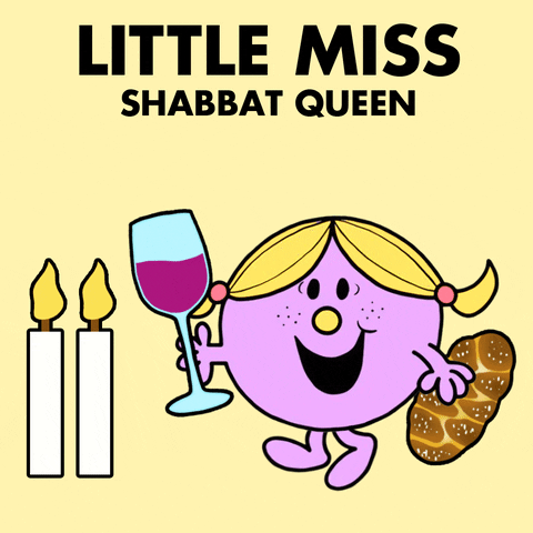 Digital art gif. Little Miss, on a pale yellow background, with a glass of wine in one hand and a loaf of challah in the other, heading toward two candlesticks, text above identifying her as, "Little Miss Shabbat Queen."