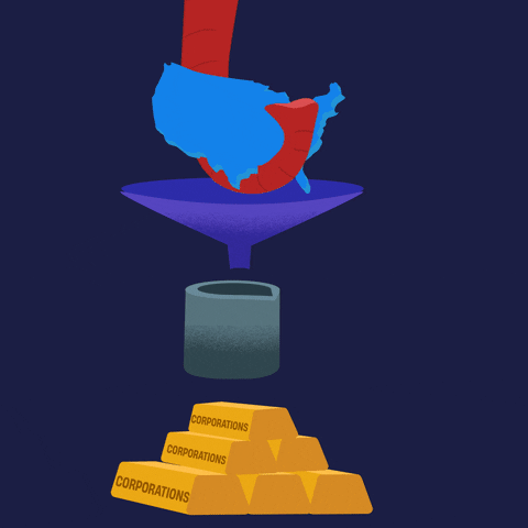 Digital art gif. Red elephant trunk lowers the United States into a funnel, where it turns to liquid and pours into a container over a navy blue background. The container tips and pours over a pyramid of gold bars labeled “Corporations.” Text, “GOP. Greedy Old Party.”