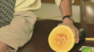 Video gif. An older man with white hair is sitting on a table and he hits a halved cantaloupe with a banana that has a condom on it. The cantaloupe's seeds fly out with each hit.