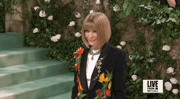 Met Gala 2024 gif. Closeup of Anna Wintour smiling for pictures with her signature straight quiff hair style. She's wearing a chunky diamond necklace with a matching S-shaped brooch on the lapel of her black coat with tropical appliqués.
