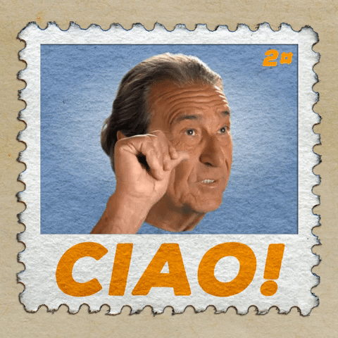 Digital compilation gif. Digitized stamp showing a video of Salvatore Lipari, an Italian man, waving his hand in a goofy way and saying, "Ciao!" which appears below in orange text on the stamp.