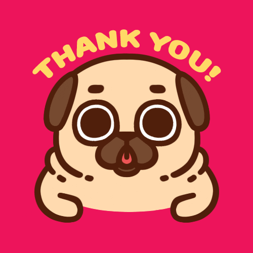 Kawaii gif. Pug with enormous eyes gives us a teary look of gratitude as tears stream down its face. Text, "Thank you!"