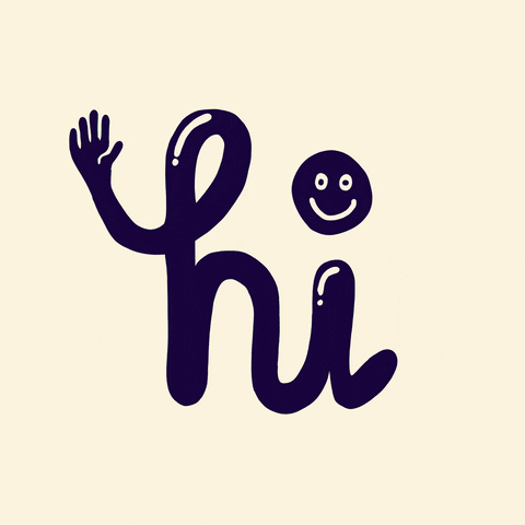 Cartoon gif. The word "hi" is written on an off-white background in shiny, dark blue cursive. The top of the "H" has extended into a hand that's waving at us, and the dot of the "I" is a smiling face.