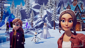 Video game gif. Player character in the Disney Dreamlight Valley video game takes a selfie with characters from Frozen. The player character points back at Elsa who gives a subtle wave, while Olaf and Anna give much more enthusiastic waves.