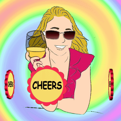 Pohyblivá animace s ženou držící v ruce víno a s pohybujícími se nápisy "cheers". 