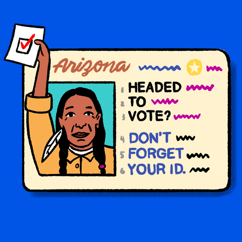 Digital art gif. Arizona identification card against a bright blue background flashes four different profiles, holding up a ballot, including a Native American man, a White woman, a Black woman, and a Latinx man. The ID card reads, “Headed to vote? Don’t forget your ID.”