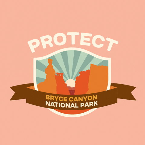 Digital art gif. Inside a shield insignia is a cartoon image of several giant orange and red rock formations and cliffs in front of a rising sun. Text above the shield reads, "protect." Text inside a ribbon overlaid over the shield reads, "Bryce Canyon National Park," all against a pale pink backdrop.