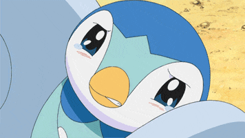 Anime gif. Piplup from Pokémon looks up with sparkling, tearful eyes and they wince to hold back their tears.