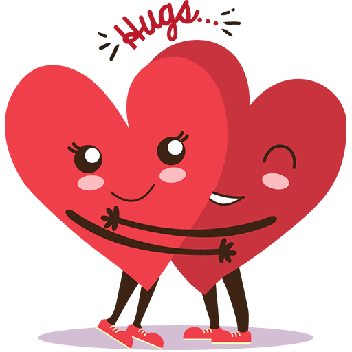 Digital art gif. Two hearts wrap their arms around each other and hug tenderly. Text, "Hugs."