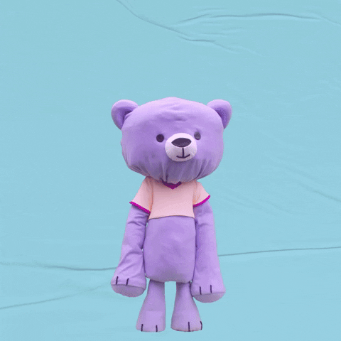 Video gif. A purple teddy bear takes a deep breath and lets his shoulders fall in frustration as he exhales. Text, "Ugh."