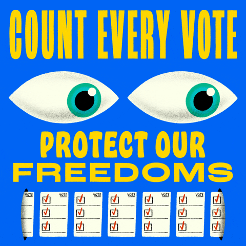Illustrated gif. Big, blue-green eyes in a cobalt void, scanning back and forth, carefully, following a procession of ballots. Text, "Count every vote, protect our freedoms."