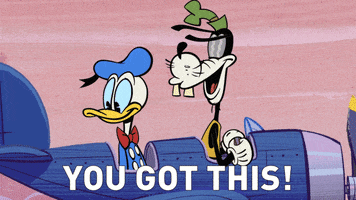 Disney gif. Donald Duck and Goofy from the Mickey Mouse shorts sit in a small, old fashioned airplane with Goofy in front at the wheel. They look over their shoulders with matching smiles of excitement and reassuring thumbs up. They then face forward, ready to go. The text says, “you got this!”