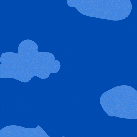 Digital illustration gif. White folding chair flies across a blue background filled with cloud shapes. Text appears, "It's up."