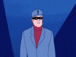 Cartoon gif. Wearing a bandit mask and a blue blazer with a cap that adorns a question mark, The Riddler shrugs and appears confused.