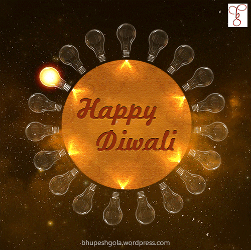 Animated graphic gif. The words "Happy Diwali" are written in the center of a circle outlined in several light bulbs that light up one by one then all together.
